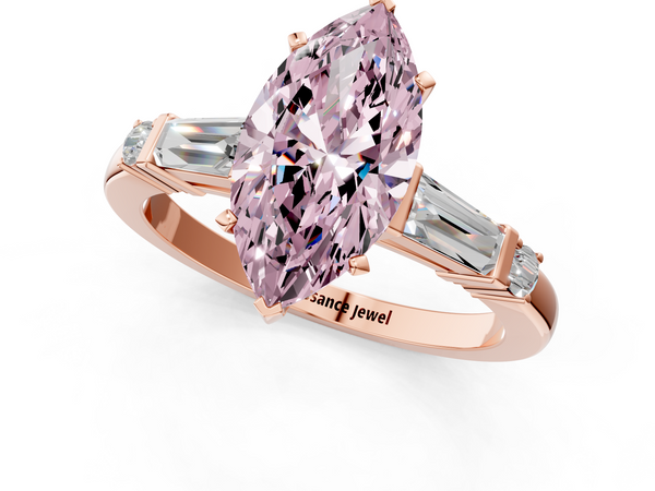 Rose gold Fancy Pink Marquise  Cut Diamond Ring with Baguette Side Stones, Channel Set Band, and Four-Prong Setting