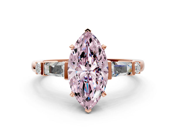 Rose gold Fancy Pink Marquise  Cut Diamond Ring with Baguette Side Stones, Channel Set Band, and Four-Prong Setting