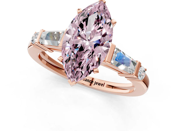 Rose gold Fancy Pink Marquise  Cut Diamond Ring with Baguette Side Stones, Channel Set Band, and Four-Prong Setting