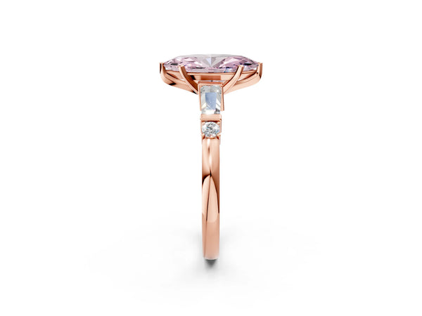 Rose gold Fancy Pink Marquise  Cut Diamond Ring with Baguette Side Stones, Channel Set Band, and Four-Prong Setting