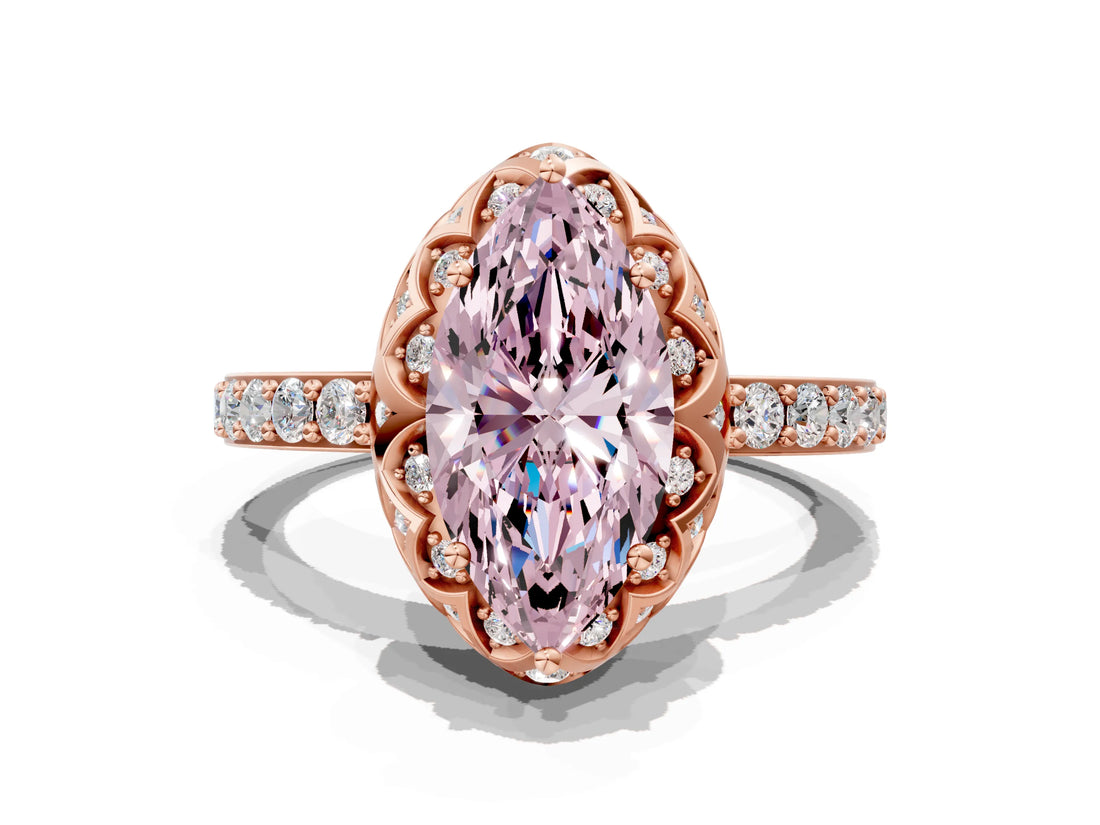 Rose gold Fancy Pink Marquise Cut Diamond Scalloped Halo Engagement Ring with Round Shared Prong Band_24