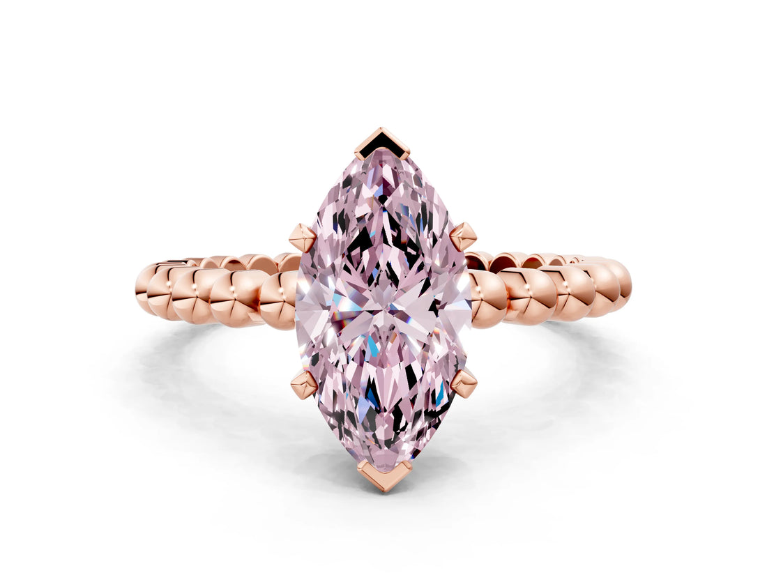 Rose gold Fancy Pink Marquise Cut Diamond Solitaire Ring with Beaded Band and Prong Setting_268