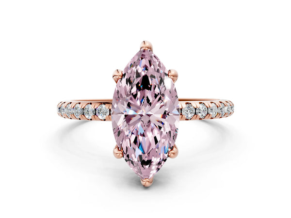 Rose gold Fancy Pink Marquise Cut Diamond Solitaire Ring with Four-Prong Setting and Pavé Band