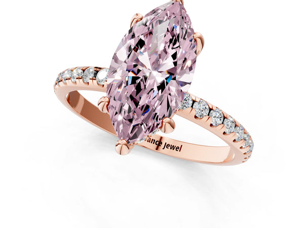 Rose gold Fancy Pink Marquise Cut Diamond Solitaire Ring with Four-Prong Setting and Pavé Band