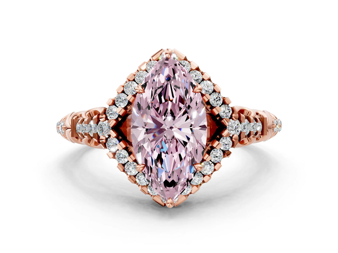 Rose gold Fancy Pink Marquise Cut Diamond Solitaire Ring with Hidden Halo and Pavé Band_27