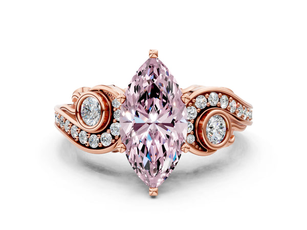 Rose gold Fancy Pink Marquise Cut Diamond Solitaire Ring with Milgrain Pavé Band and Four-Prong Setting
