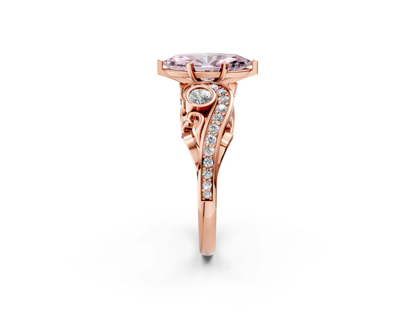 Rose gold Fancy Pink Marquise Cut Diamond Solitaire Ring with Milgrain Pavé Band and Four-Prong Setting