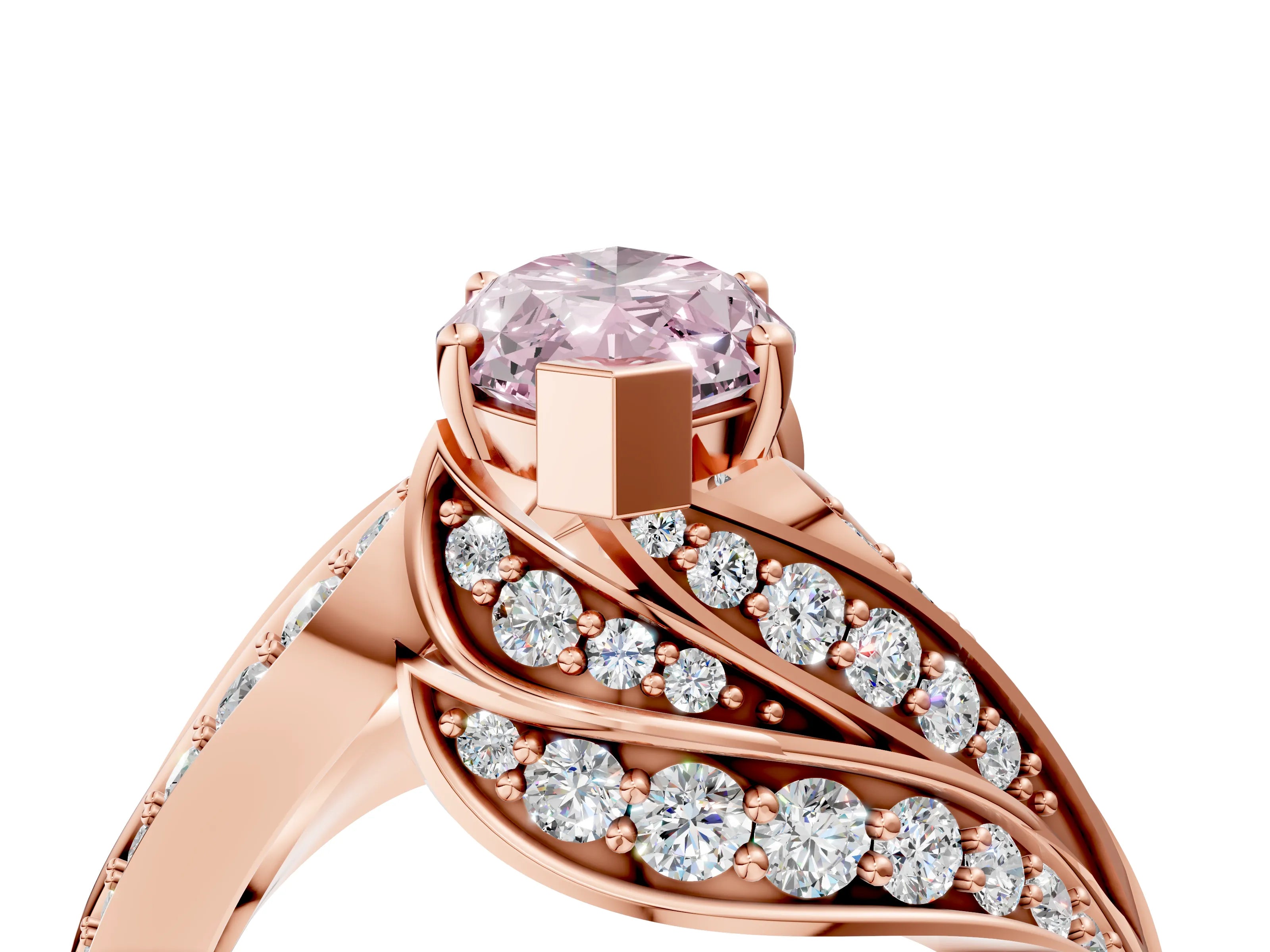Rose gold Fancy Pink Marquise Cut Diamond Solitaire Ring with Prong Setting and Twisted Pavé Band_4