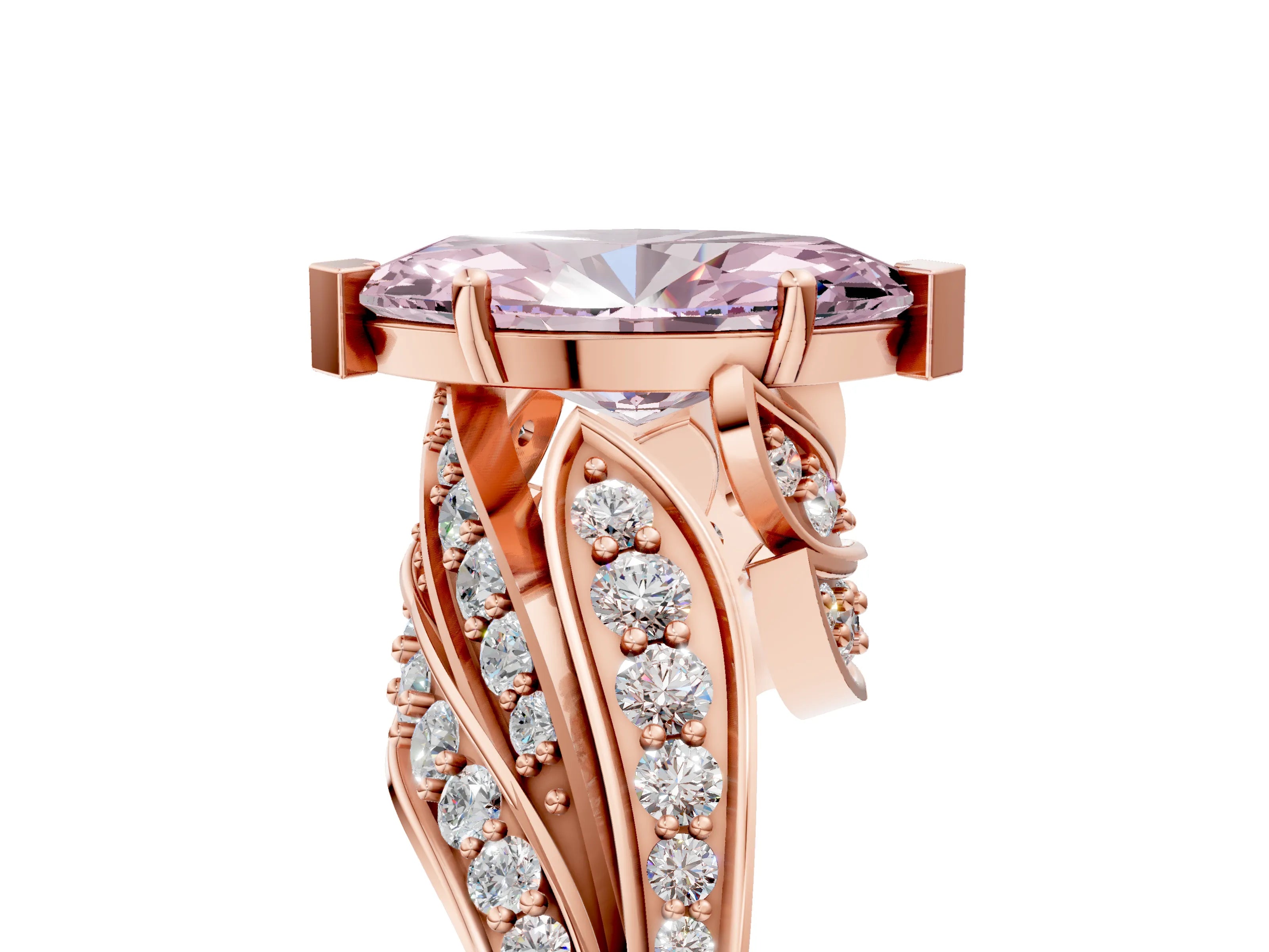 Rose gold Fancy Pink Marquise Cut Diamond Solitaire Ring with Prong Setting and Twisted Pavé Band_5
