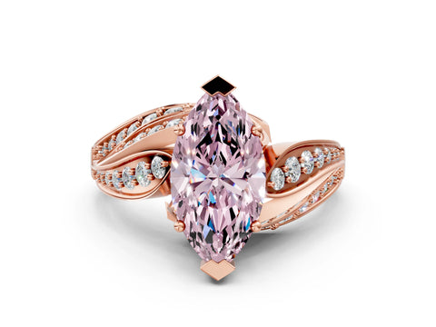 Rose gold Fancy Pink Marquise Cut Diamond Solitaire Ring with Prong Setting and Twisted Pavé Band