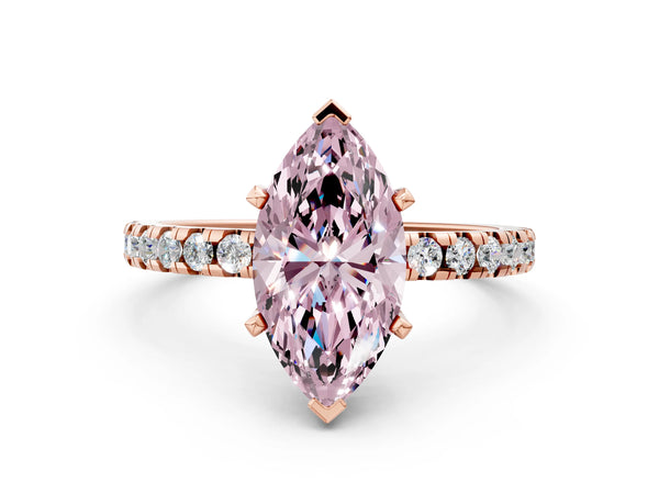 Rose Gold Marquise Hidden Halo Solitaire Engagement Ring Setting for Fancy Pink Center with Single Row Pave Band