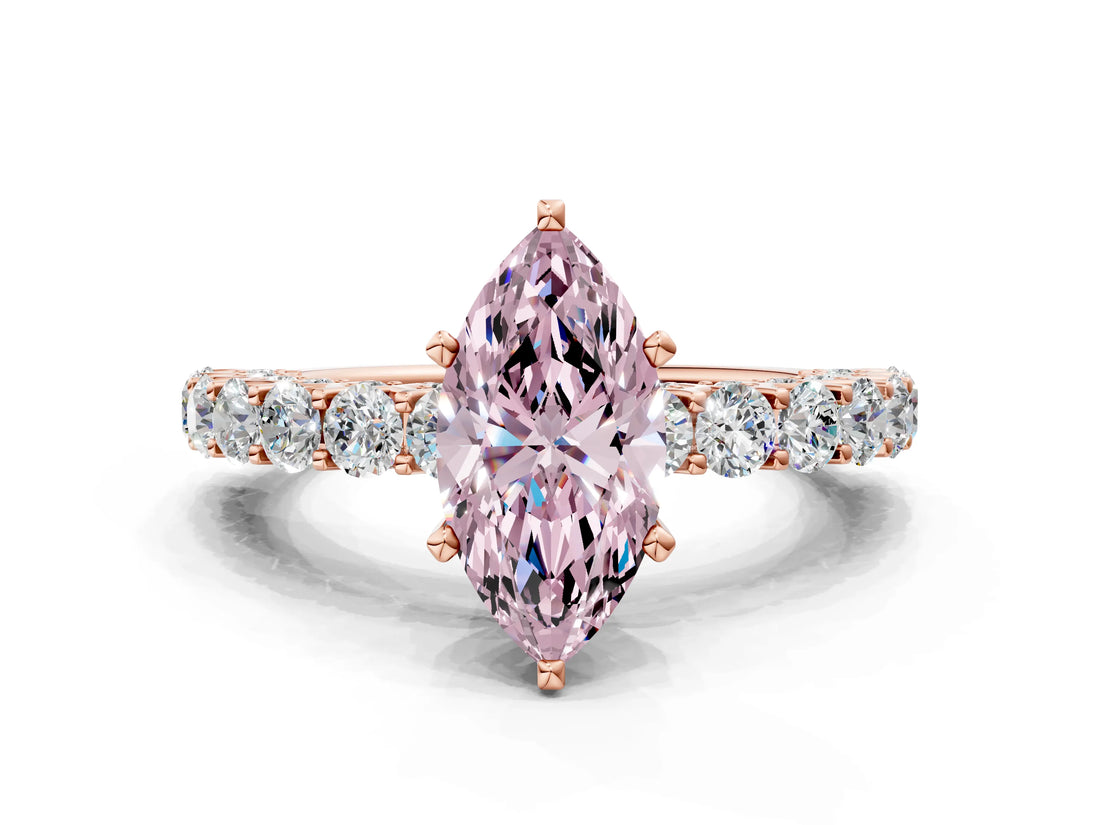 Rose gold Fancy Pink Marquise Cut Diamond Solitaire Ring with Shared Prong Pavé Band and Four-Prong Setting_58