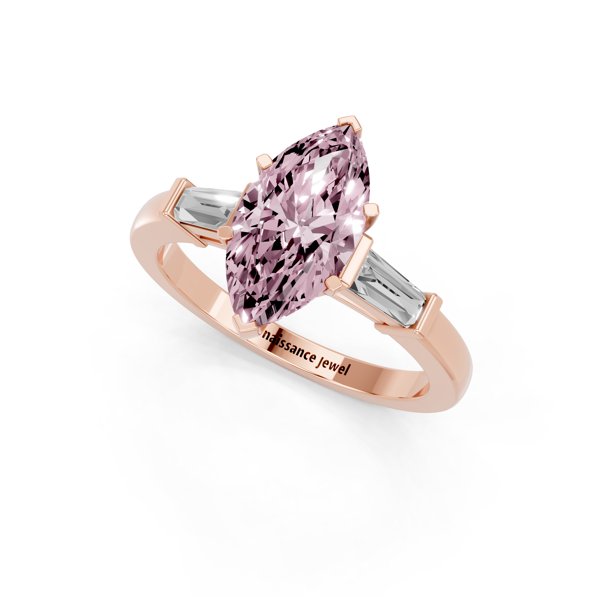 Rose gold Fancy Pink Marquise  Cut Diamond Solitaire Ring with Tapered Baguette Accents and Four-Prong Setting_5