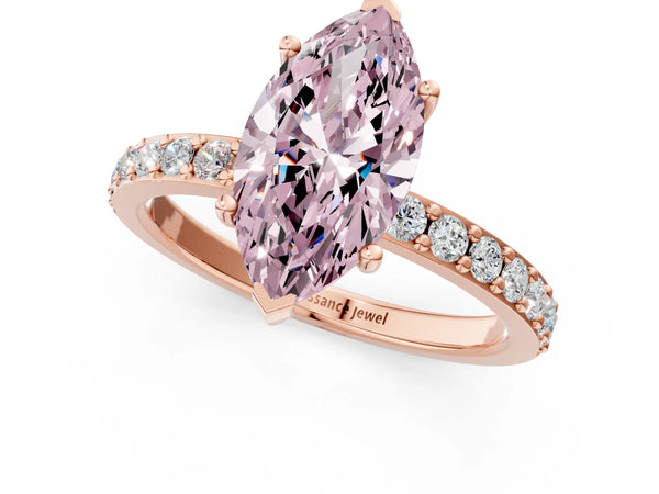 Rose gold Fancy Pink Marquise  Cut Diamond Solitaire with Pave Band and Four-Prong Setting