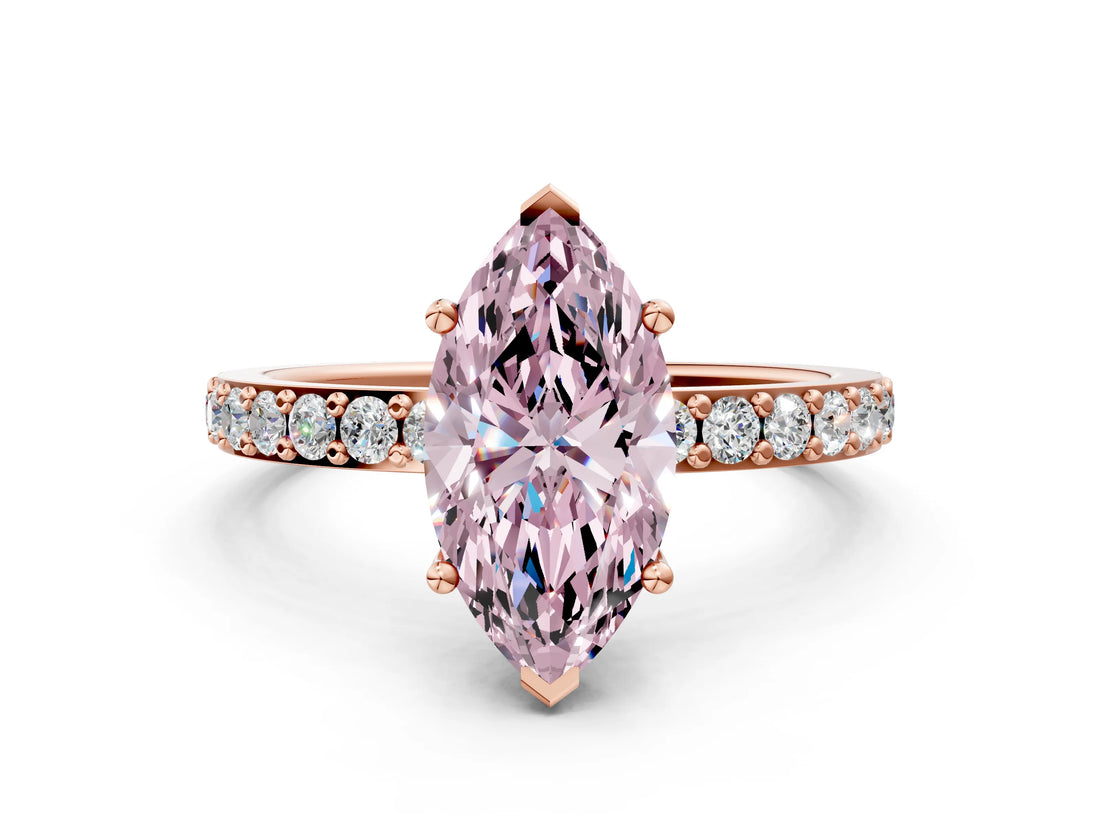 Rose gold Fancy Pink Marquise  Cut Diamond Solitaire with Pave Band and Four-Prong Setting