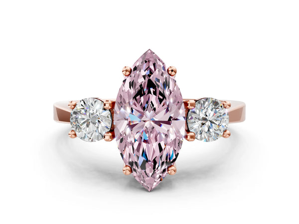 Rose gold Fancy Pink Marquise Cut Diamond Three-Stone Engagement Ring with Prong Setting and Pavé Band