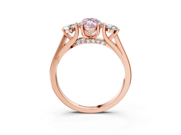 Rose gold Fancy Pink Marquise Cut Diamond Three-Stone Engagement Ring with Prong Setting and Pavé Band