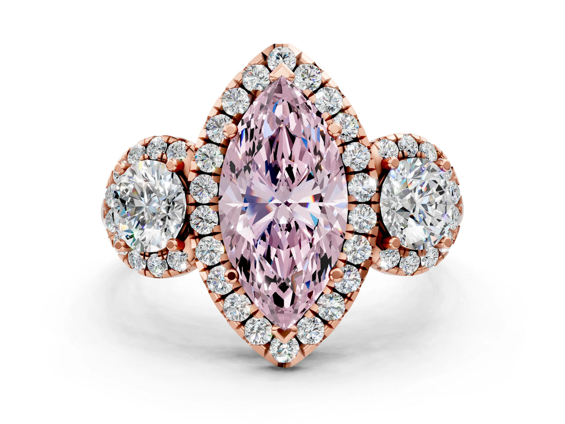 Rose gold Fancy Pink Marquise Cut Diamond Three-Stone Halo Ring with Prong Setting and Pavé Accents