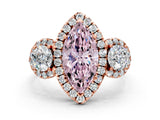 Rose gold Fancy Pink Marquise Cut Diamond Three-Stone Halo Ring with Prong Setting and Pavé Accents