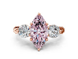 Rose gold Fancy Pink Marquise Cut Diamond Three-Stone Ring with Prong Setting and Pavé Band