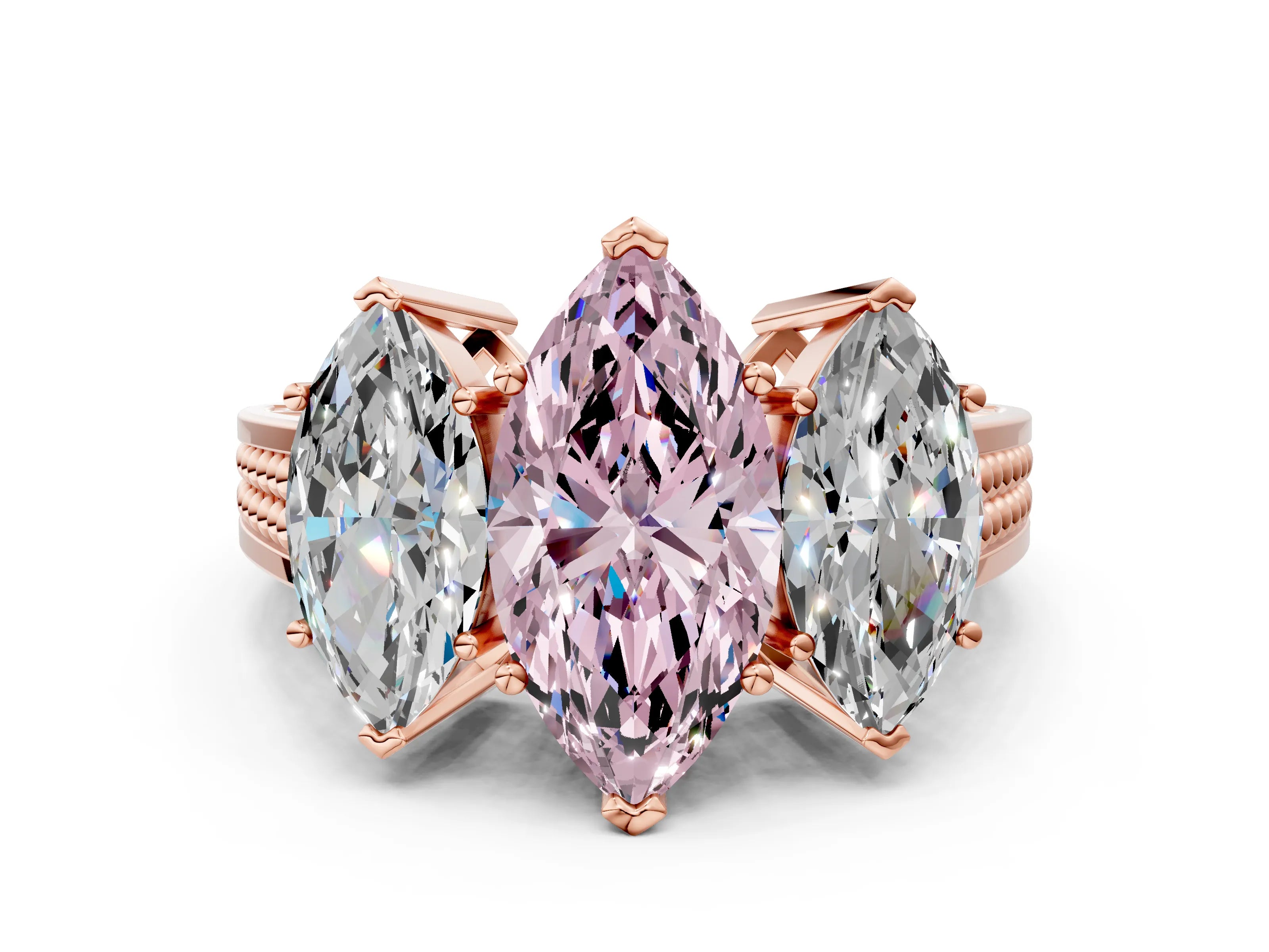 Rose gold Fancy Pink Marquise Cut Diamond Three-Stone Ring with Prong Setting and Textured Band