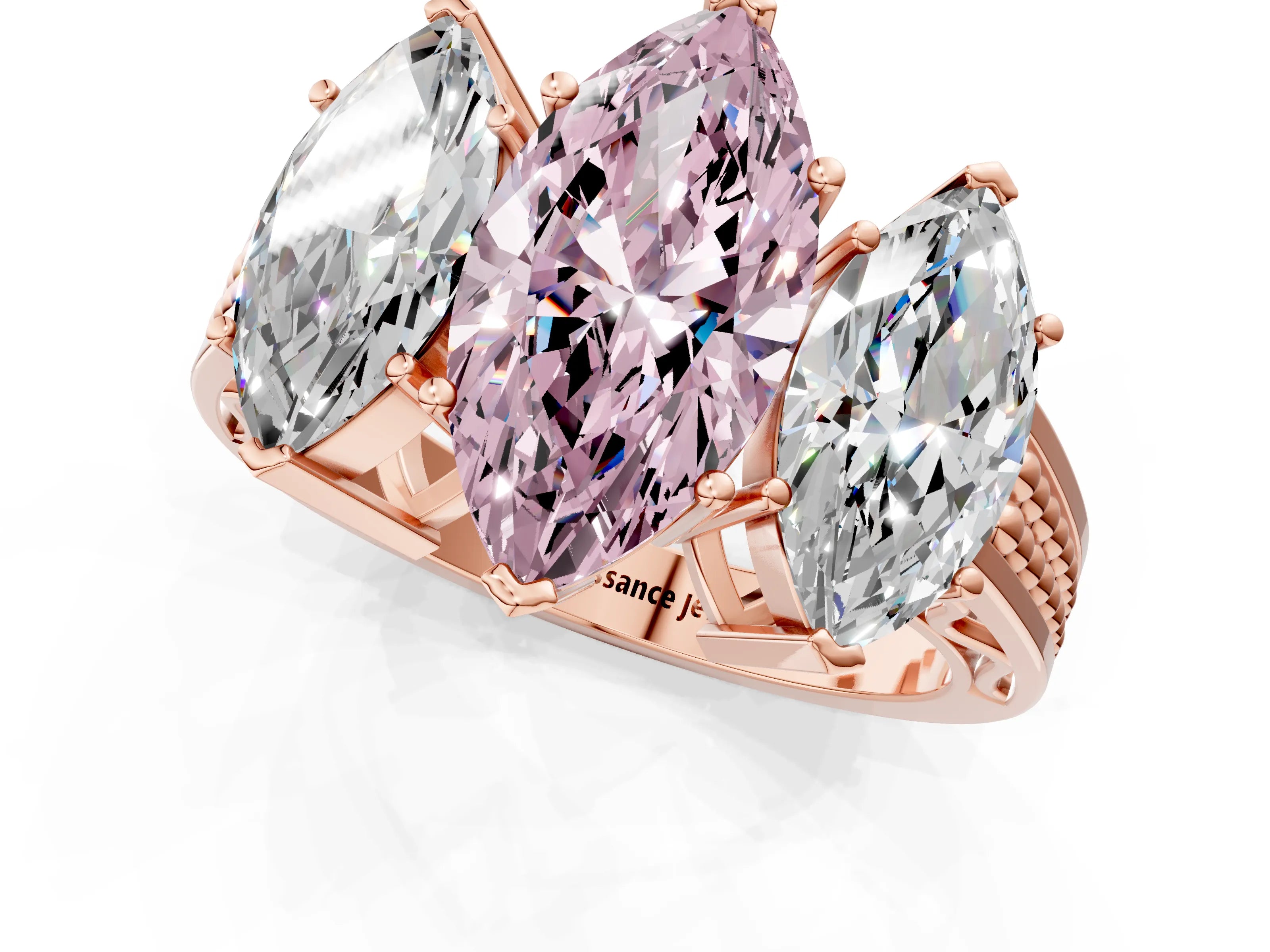 Rose gold Fancy Pink Marquise Cut Diamond Three-Stone Ring with Prong Setting and Textured Band_1