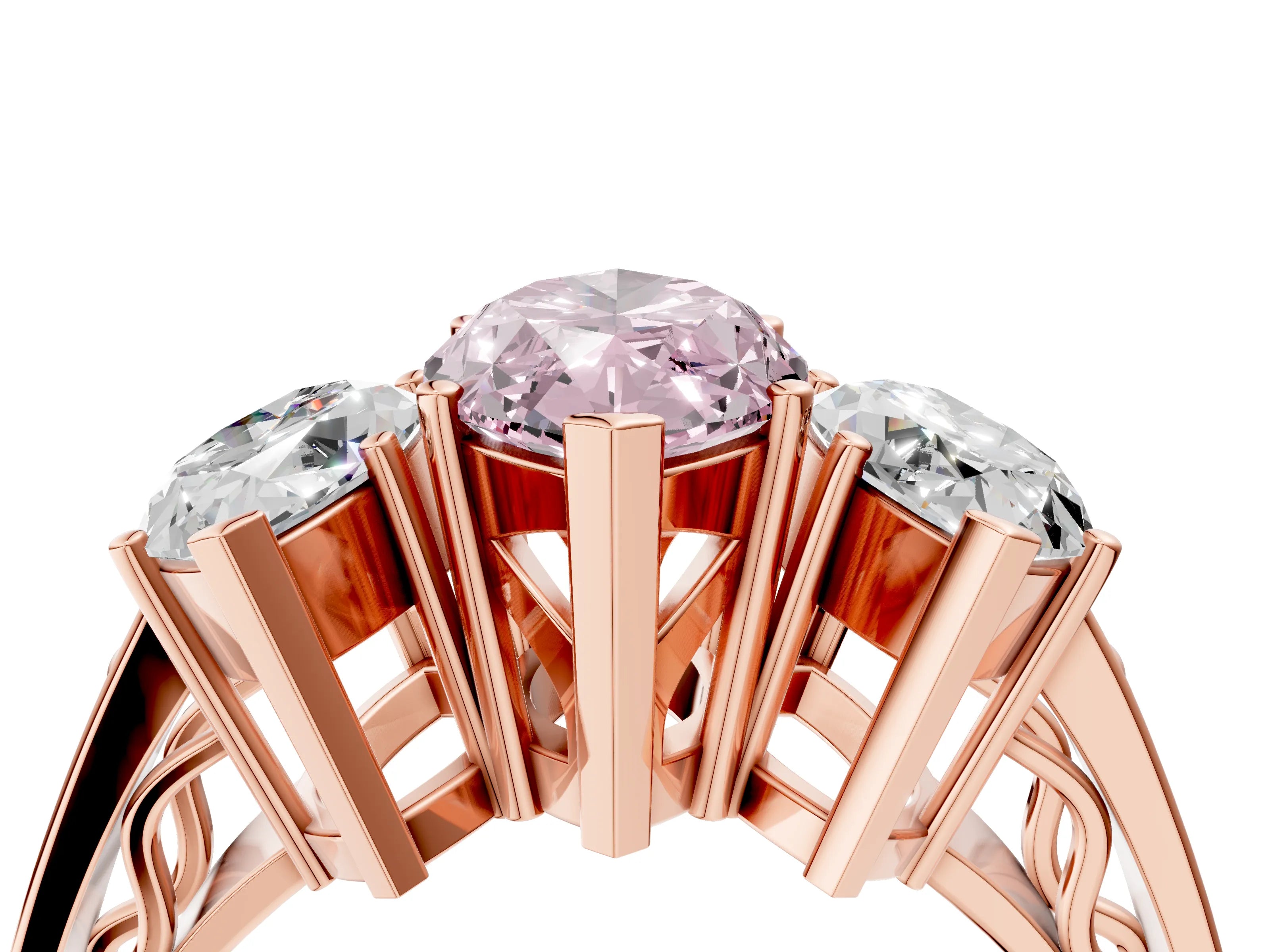 Rose gold Fancy Pink Marquise Cut Diamond Three-Stone Ring with Prong Setting and Textured Band_4