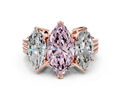 Rose gold Fancy Pink Marquise Cut Diamond Three-Stone Ring with Prong Setting and Textured Band