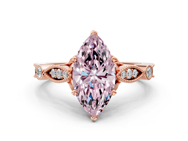 Rose gold Fancy Pink Marquise  Cut Diamond with Milgrain Marquise and Bezel Accents on a Solitaire Band with Prong Setting