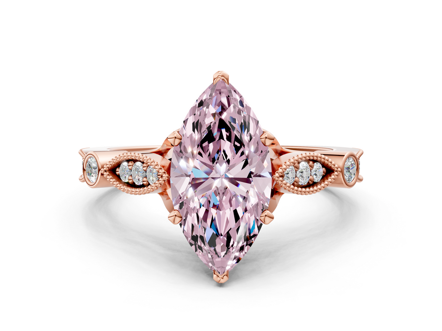 Rose gold Fancy Pink Marquise  Cut Diamond with Milgrain Marquise and Bezel Accents on a Solitaire Band with Prong Setting