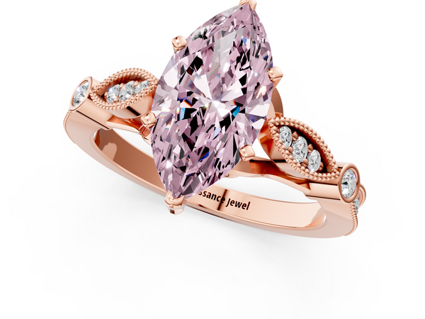 Rose gold Fancy Pink Marquise  Cut Diamond with Milgrain Marquise and Bezel Accents on a Solitaire Band with Prong Setting