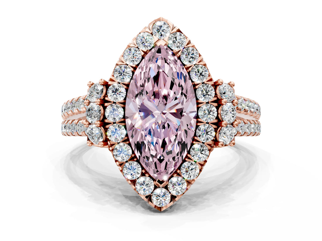 Rose gold Fancy Pink Marquise  Cut Double Halo Diamond Engagement Ring with Pave Band and Four-Prong Setting_43