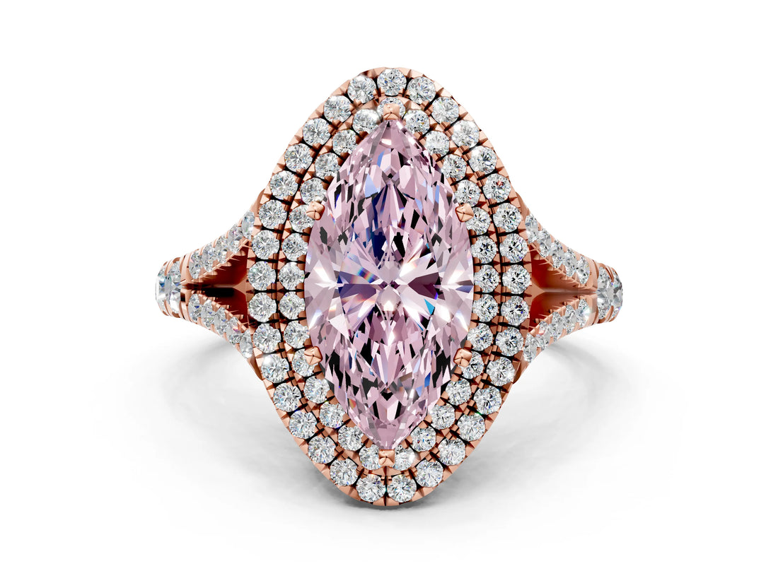 Rose gold Fancy Pink Marquise  Cut Double Halo Split Shank Diamond Ring with Prong Setting_49