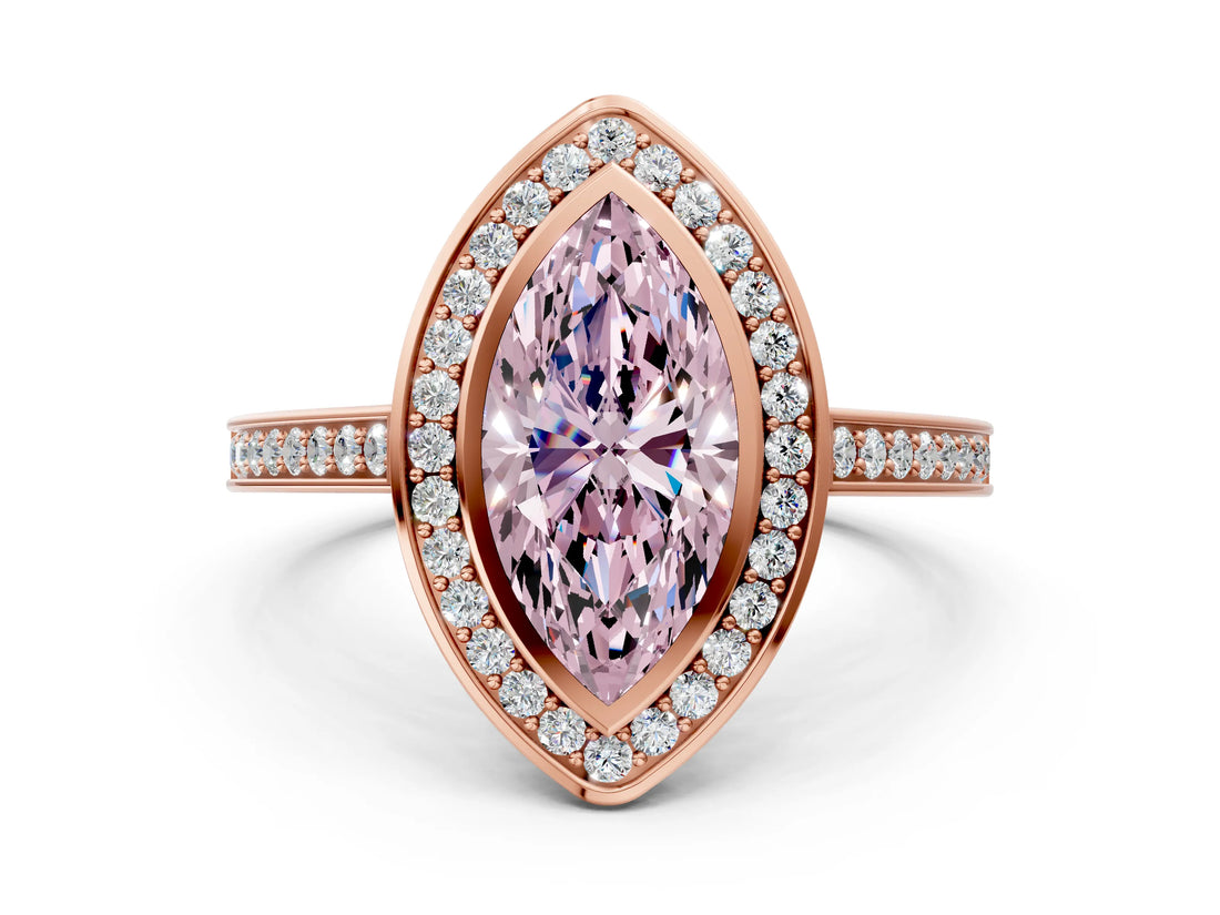 Rose gold Fancy Pink Marquise Cut Halo Bezel Diamond Pave Band Ring