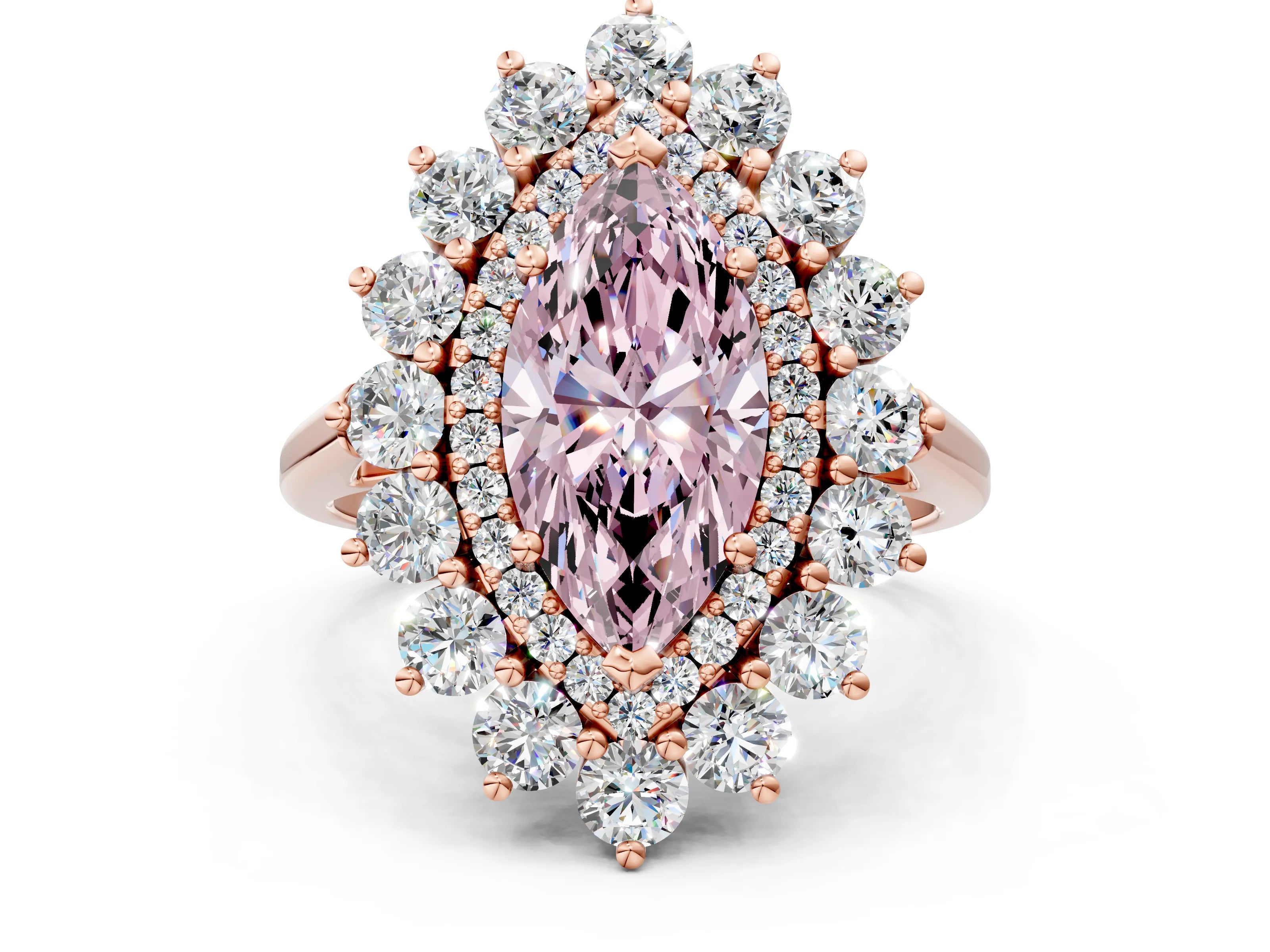 Rose gold Fancy Pink Marquise Cut Halo Cluster Diamond Ring with Pave Band and Four-Prong Setting
