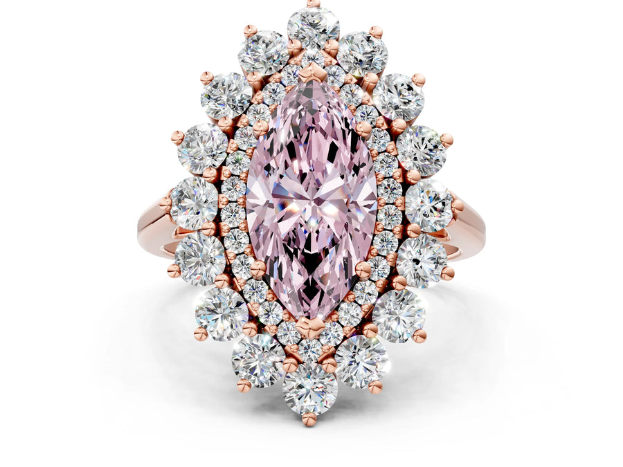 Rose gold Fancy Pink Marquise Cut Halo Cluster Diamond Ring with Pave Band and Four-Prong Setting