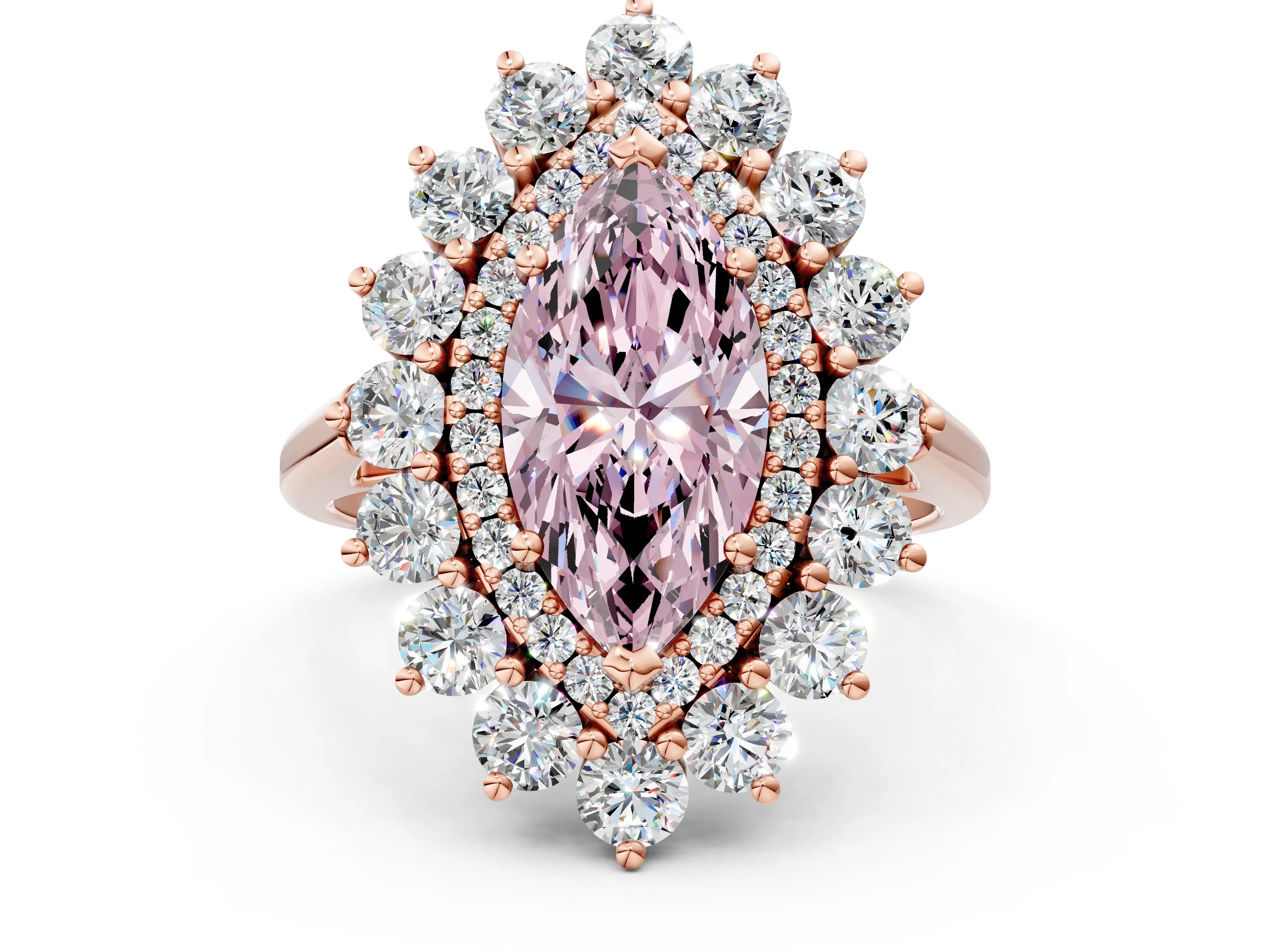 Rose gold Fancy Pink Marquise Cut Halo Cluster Diamond Ring with Pave Band and Four-Prong Setting_12