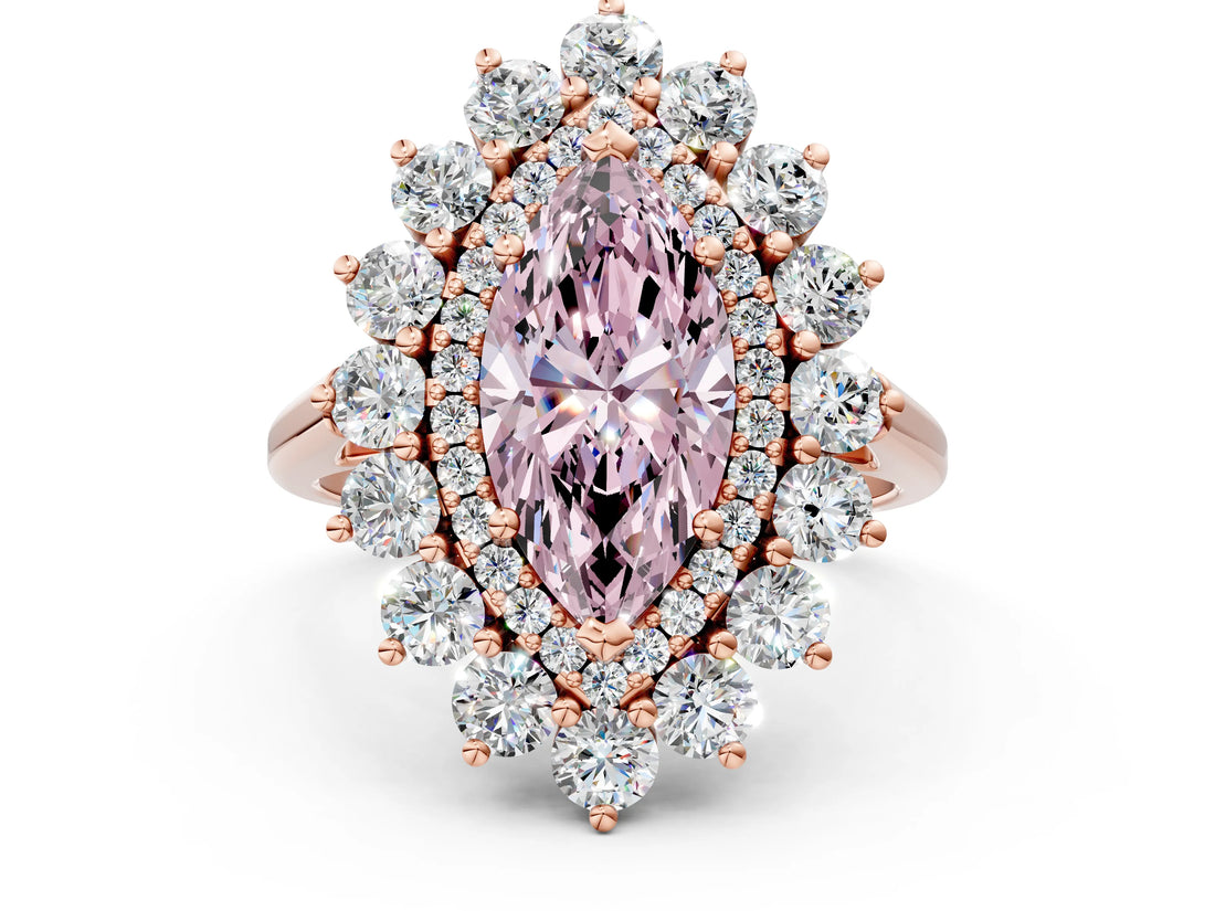 Rose gold Fancy Pink Marquise Cut Halo Cluster Diamond Ring with Pave Band and Four-Prong Setting_12