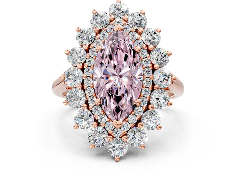 Rose gold Fancy Pink Marquise Cut Halo Cluster Diamond Ring with Pave Band and Four-Prong Setting