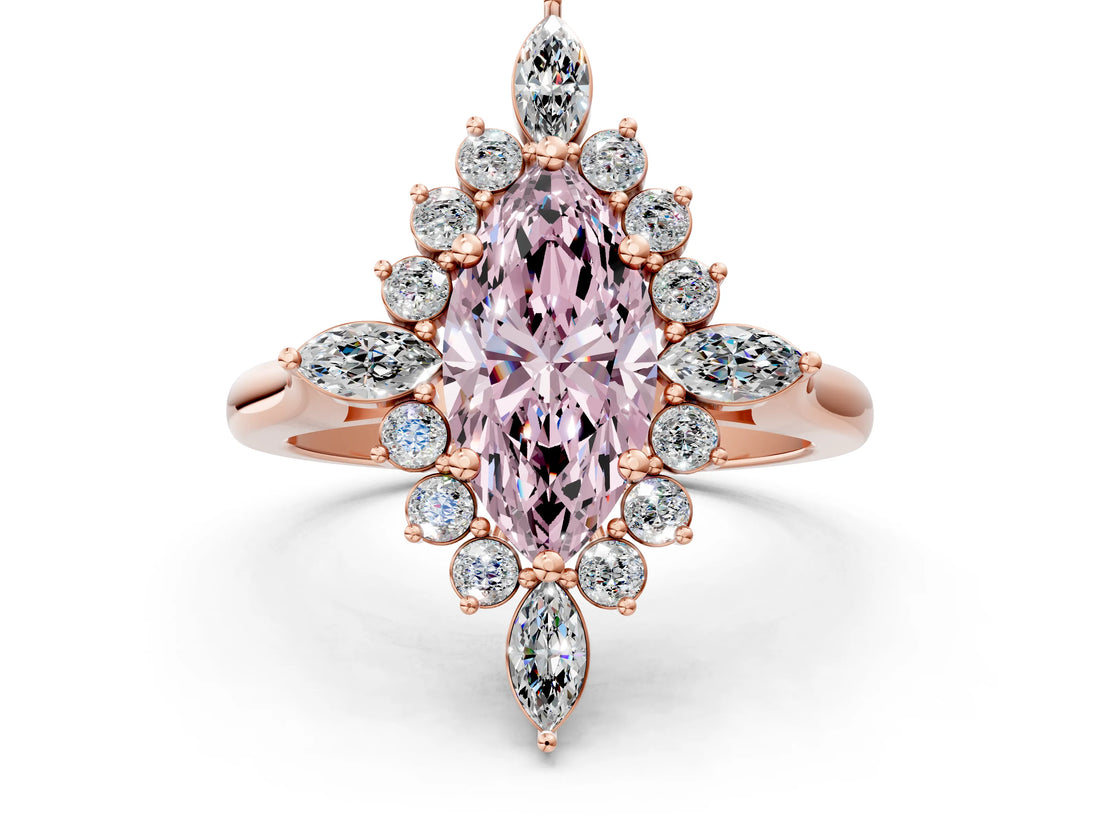 Rose gold Fancy Pink Marquise Cut Halo Diamond Cluster Ring with Marquise and Round Stones on a White Gold Band with Prong Setting