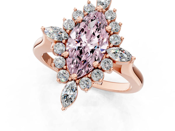 Rose gold Fancy Pink Marquise Cut Starburst Halo Engagement Ring Setting with Marquise and Round Accents
