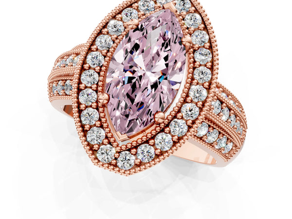 Rose gold Fancy Pink Marquise Cut Halo Diamond Engagement Ring with Pave Split Shank and Four-Prong Setting