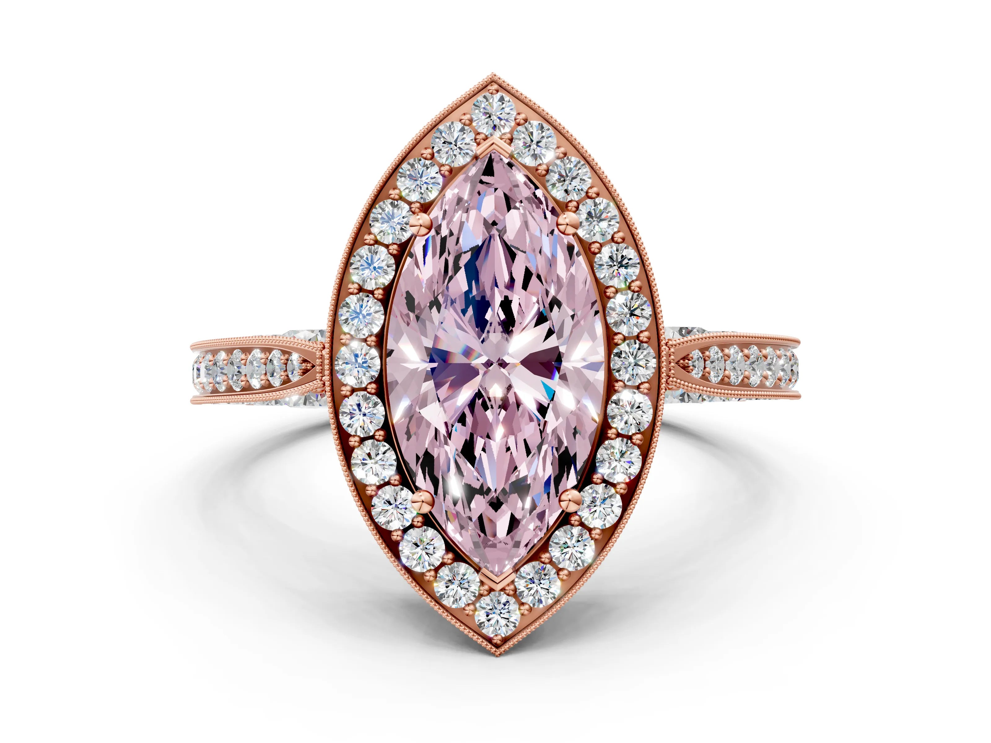 Rose gold Fancy Pink Marquise Cut Halo Diamond Engagement Ring with Split Shank Band and Four-Prong Setting