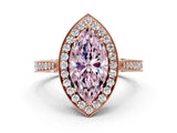 Rose gold Fancy Pink Marquise Cut Halo Diamond Engagement Ring with Split Shank Band and Four-Prong Setting