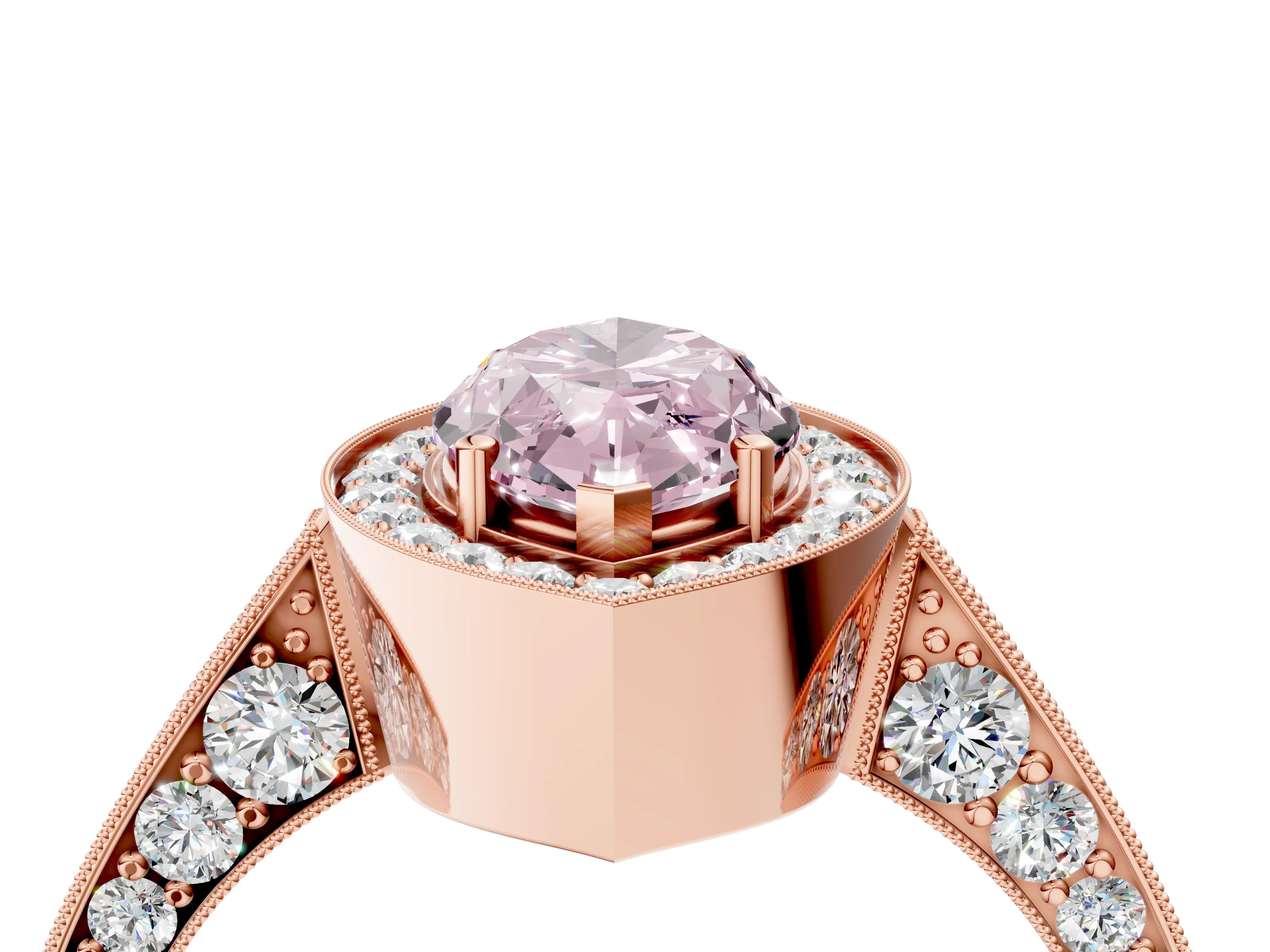 Rose gold Fancy Pink Marquise Cut Halo Diamond Engagement Ring with Split Shank Band and Four-Prong Setting_4
