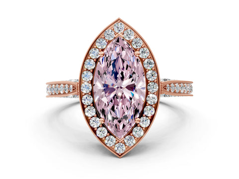 Rose gold Fancy Pink Marquise Cut Halo Diamond Engagement Ring with Split Shank Band and Four-Prong Setting