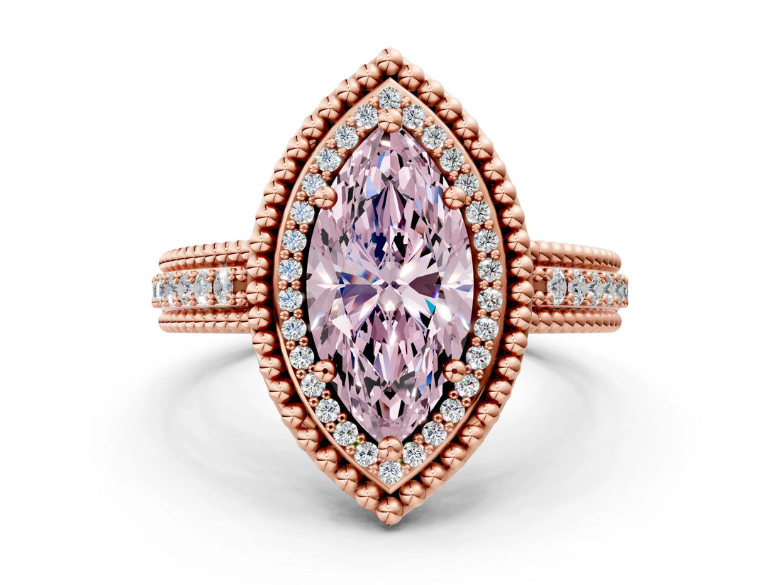 Rose gold Fancy Pink Marquise Cut Halo Diamond Ring with Beaded Split Shank and Four-Prong Setting