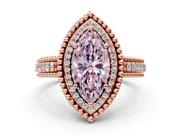 Rose Gold Marquise Beaded Halo Engagement Ring Setting for Fancy Pink Center with Pave