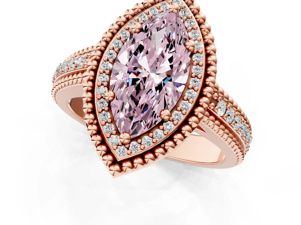 Rose Gold Marquise Beaded Halo Engagement Ring Setting for Fancy Pink Center with Pave
