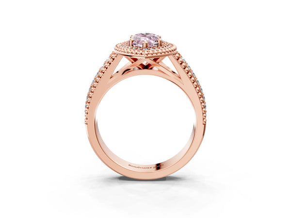 Rose Gold Marquise Beaded Halo Engagement Ring Setting for Fancy Pink Center with Pave